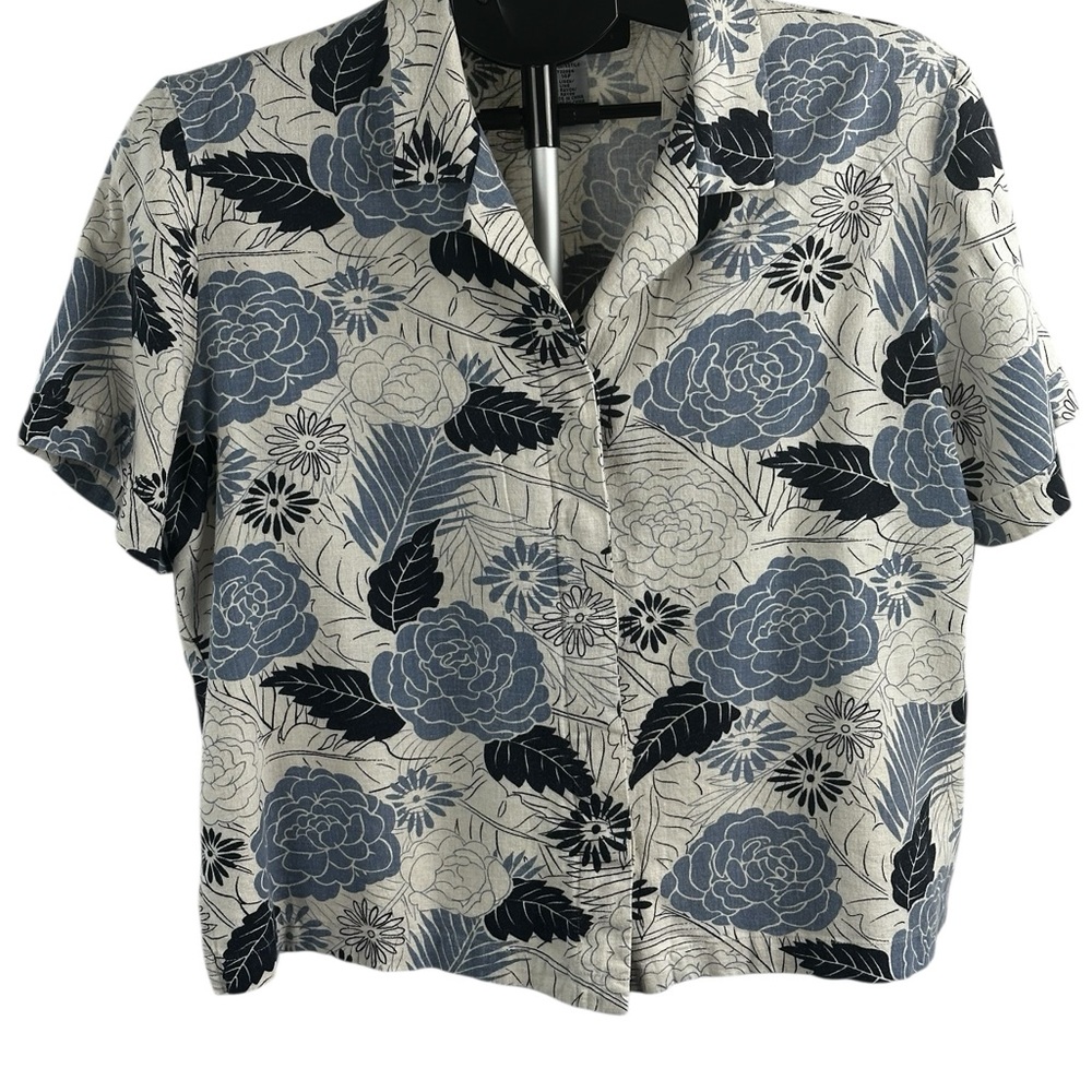 Sag Harbor Gray & Blue Floral Short Sleeve Button-Front Shirt Cottagecore Sz 14P
